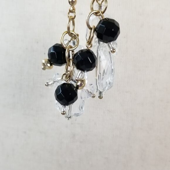 Chicos Long Statement Necklace Gold Tone Black Clear Faceted Beads Metal Baubles - Picture 4 of 5